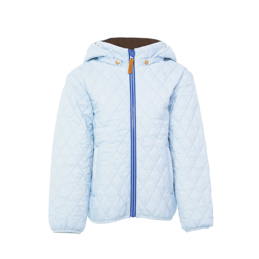 Kids and women light blue puffer jacket for fall and winter, designed as a warm in-between layer with removable hood, insulated core, and water-resistant fabric