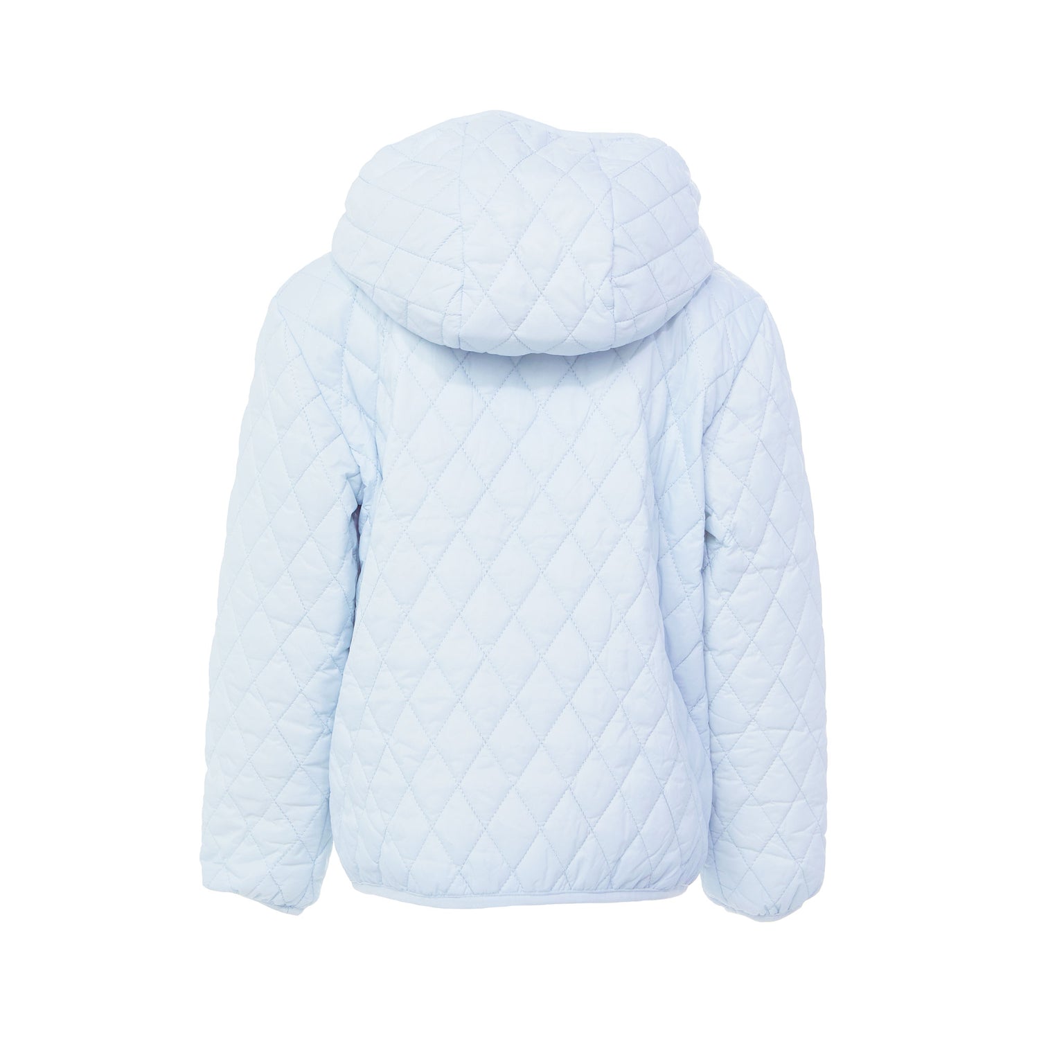 Kids and women light blue puffer jacket for fall and winter, designed as a warm in-between layer with removable hood, insulated core, and water-resistant fabric