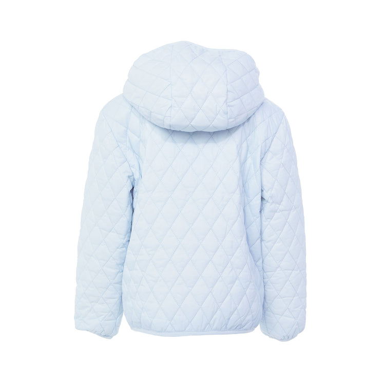 Kids and women light blue puffer jacket for fall and winter, designed as a warm in-between layer with removable hood, insulated core, and water-resistant fabric