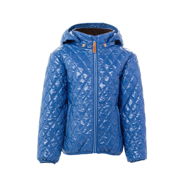 Kids and women shiny blue puffer jacket for fall and winter, designed as a warm in-between layer with removable hood, insulated core, and water-resistant fabric