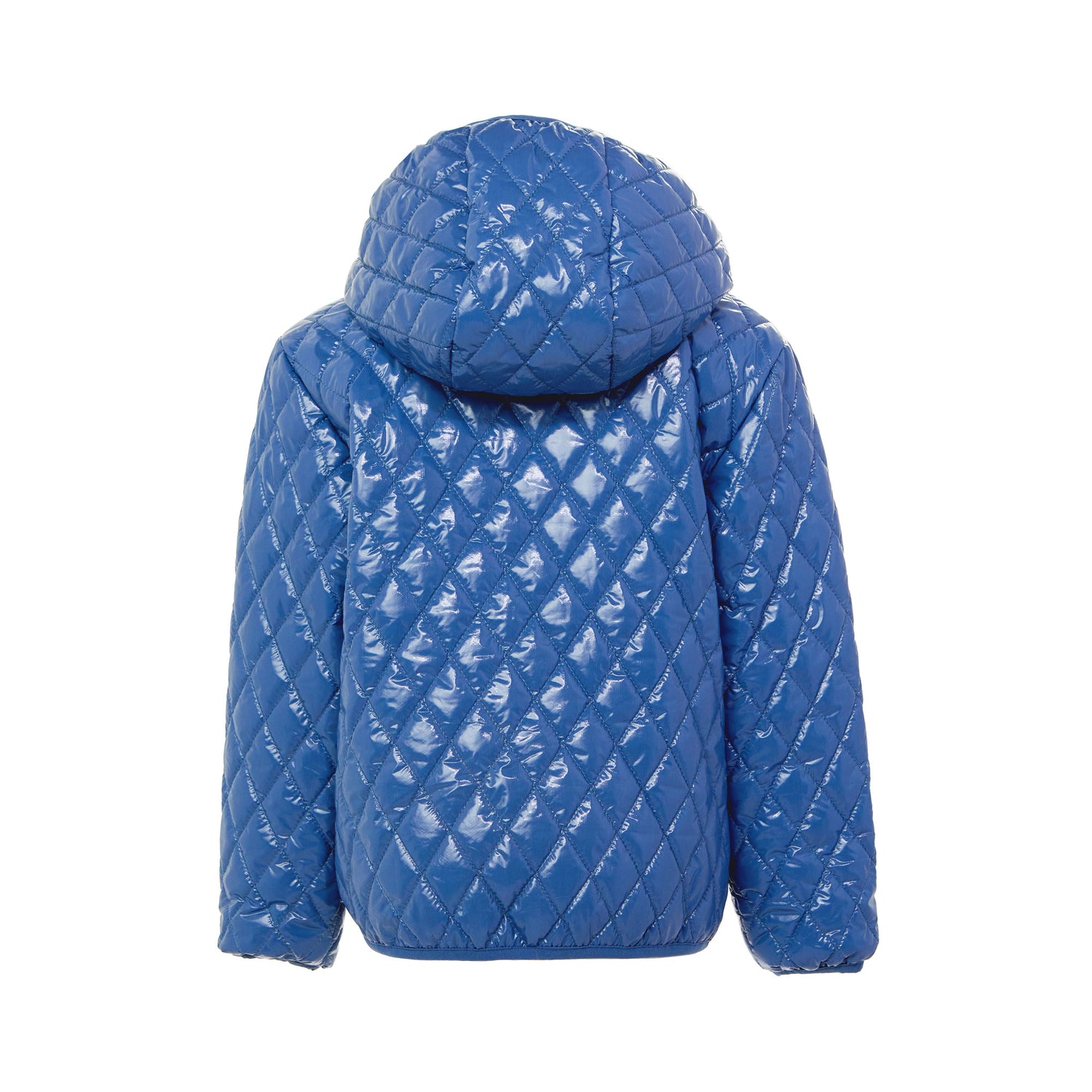 Kids and women shiny blue puffer jacket for fall and winter, designed as a warm in-between layer with removable hood, insulated core, and water-resistant fabric