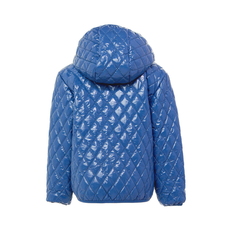Kids and women shiny blue puffer jacket for fall and winter, designed as a warm in-between layer with removable hood, insulated core, and water-resistant fabric