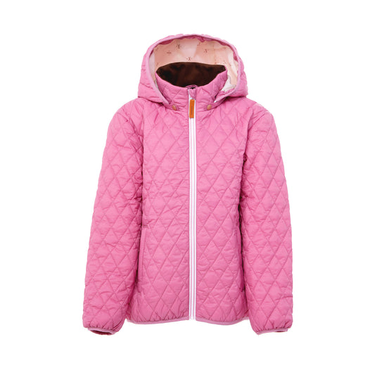 Girls and women pink puffer jacket for fall and winter, designed as a warm in-between layer with removable hood, insulated core, and water-resistant fabric