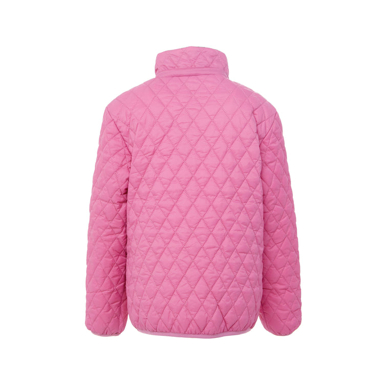 Girls and women pink puffer jacket for fall and winter, designed as a warm in-between layer with removable hood, insulated core, and water-resistant fabric