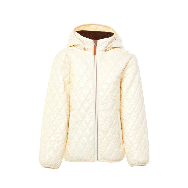 Kids and women shiny white puffer jacket for fall and winter, designed as a warm in-between layer with removable hood, insulated core, and water-resistant fabric