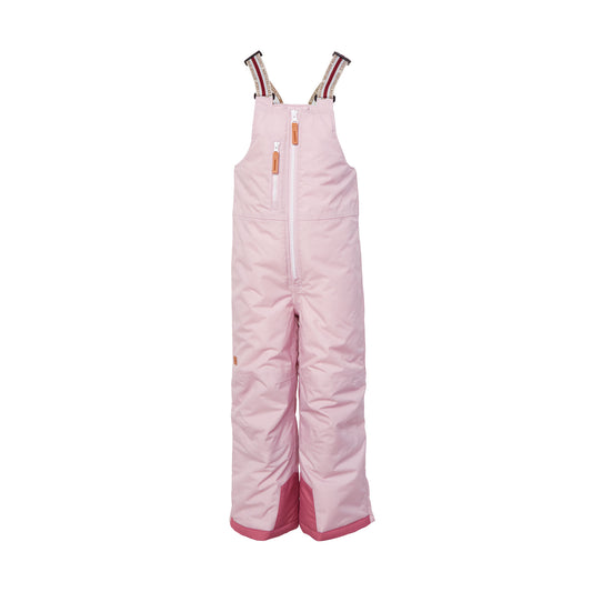 Kids light pink snow bib pants with adjustable straps, waterproof fabric, and reinforced knees for winter play and ski for girls