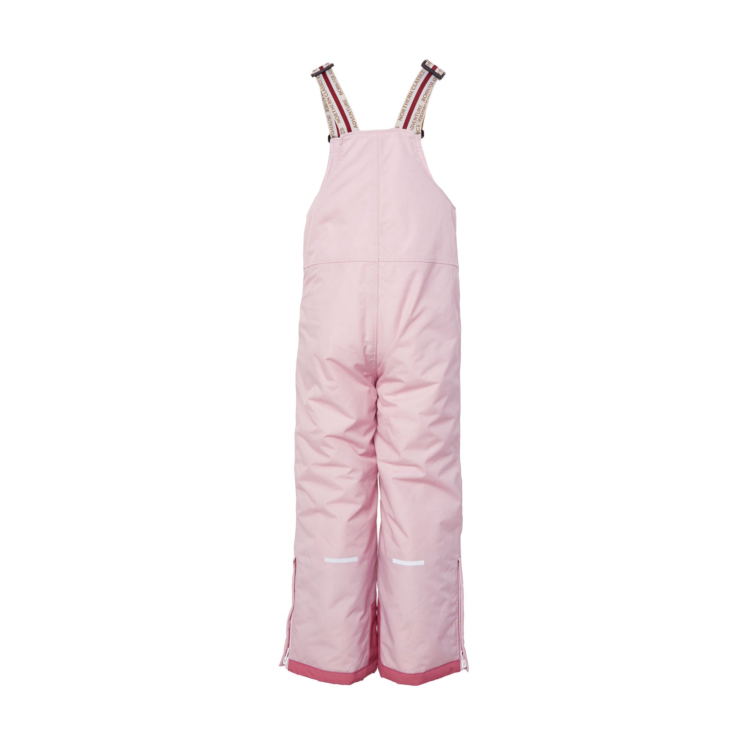 Kids light pink snow bib pants with adjustable straps, waterproof fabric, and reinforced knees for winter play and ski for girls