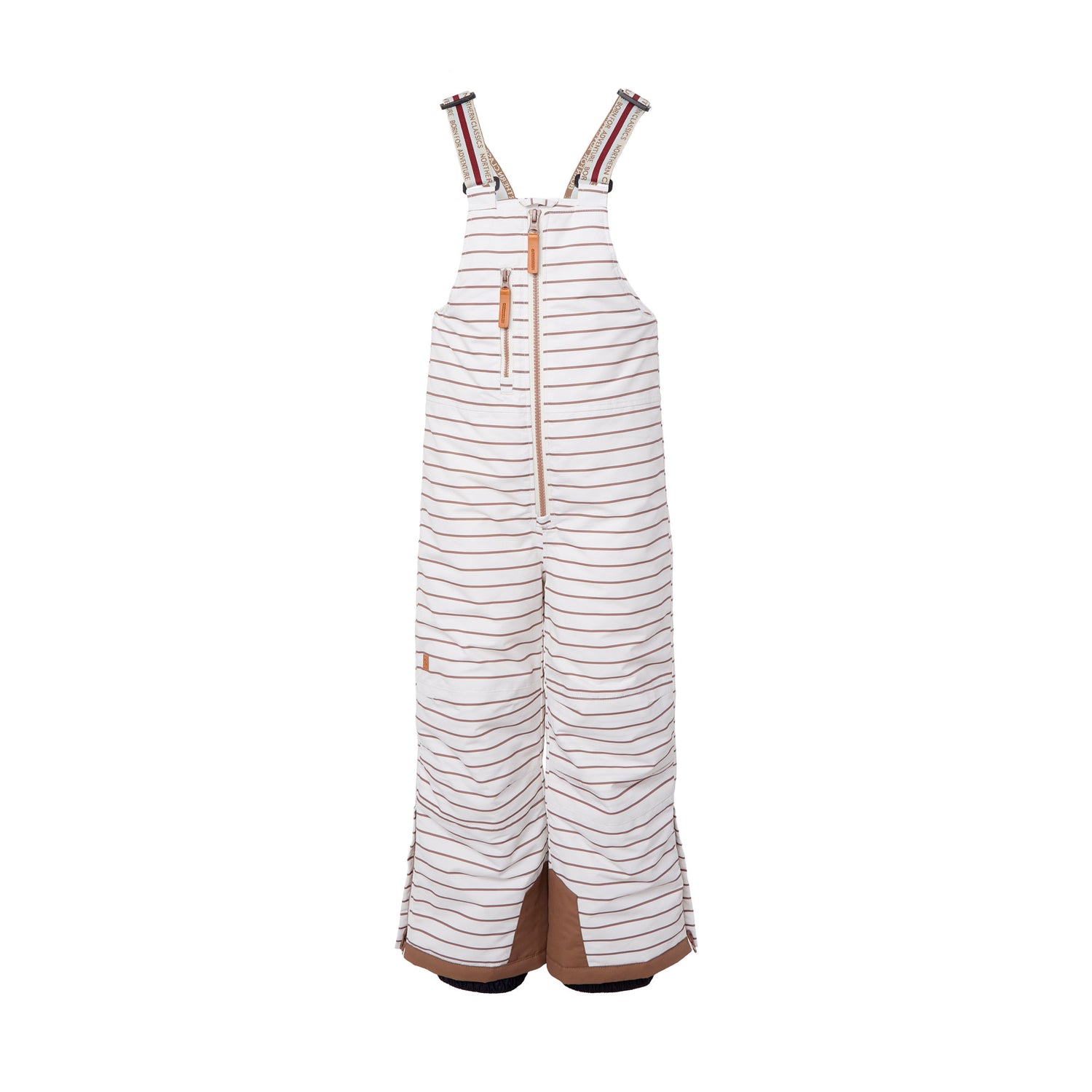 Kids striped brown and white snow bib pants with adjustable straps, waterproof fabric, and reinforced knees for winter play