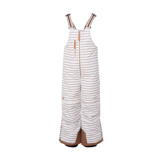 Kids striped brown and white snow bib pants with adjustable straps, waterproof fabric, and reinforced knees for winter play