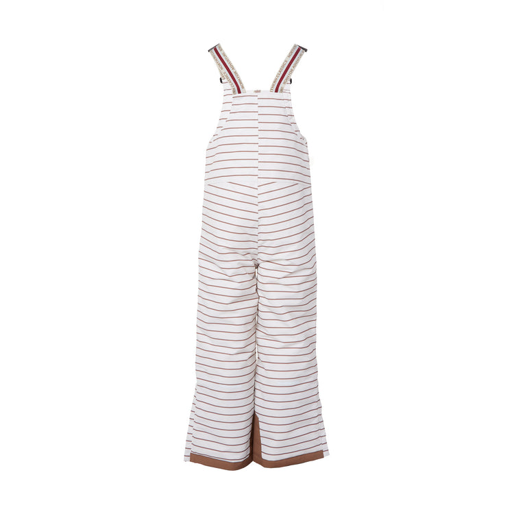 Kids striped brown and white snow bib pants with adjustable straps, waterproof fabric, and reinforced knees for winter play
