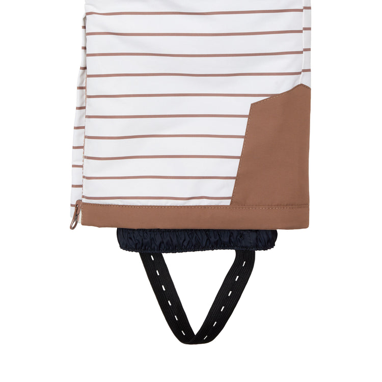 Kids striped brown and white snow bib pants with adjustable straps, waterproof fabric, and reinforced knees for winter play