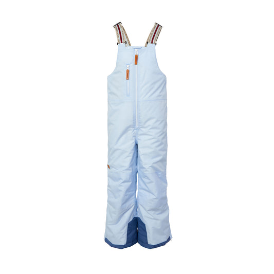 Kids light blue snow bib pants with adjustable straps, waterproof fabric, and reinforced knees for winter play and ski