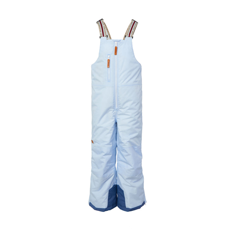 Kids light blue snow bib pants with adjustable straps, waterproof fabric, and reinforced knees for winter play and ski