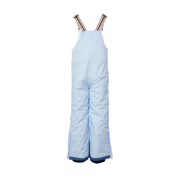 Kids light blue snow bib pants with adjustable straps, waterproof fabric, and reinforced knees for winter play and ski