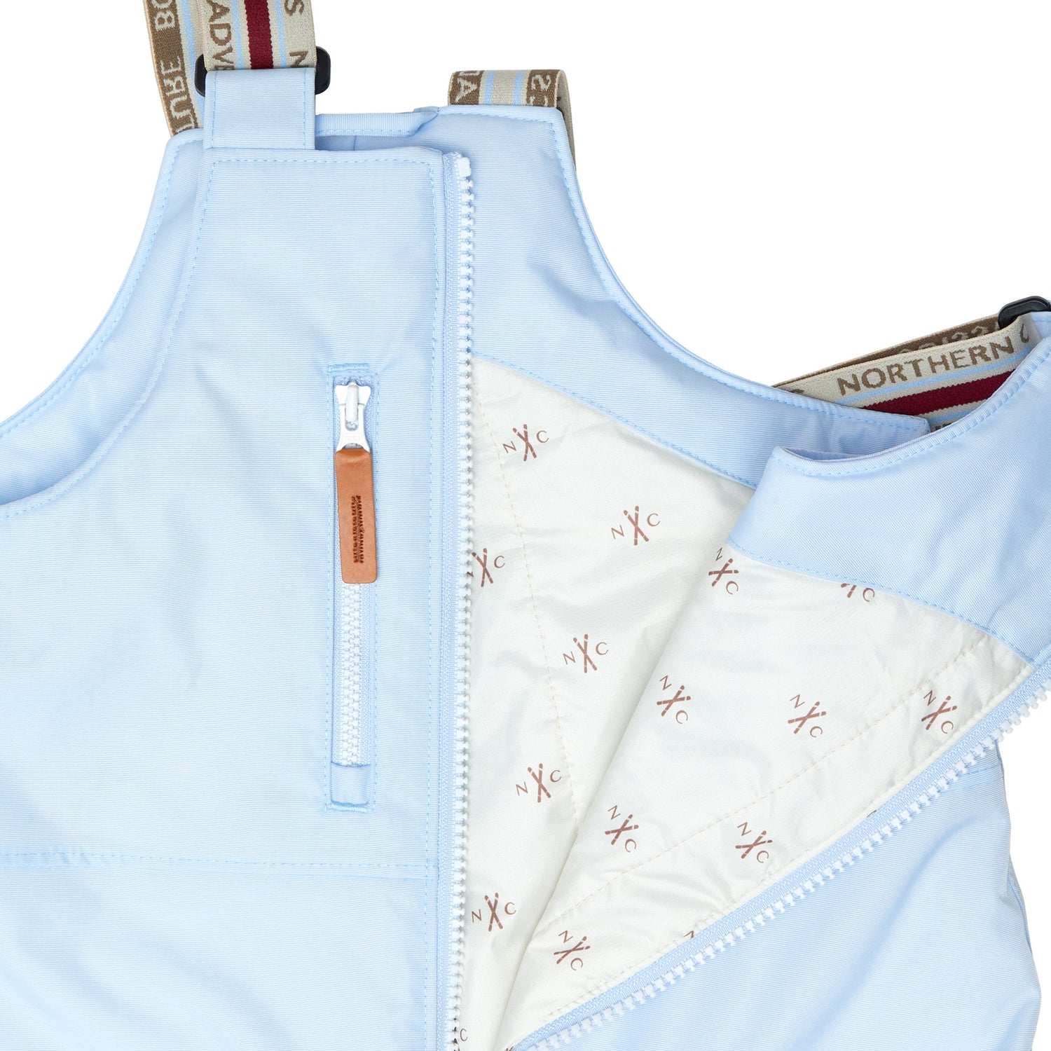 Kids light blue snow bib pants with adjustable straps, waterproof fabric, and reinforced knees for winter play and ski