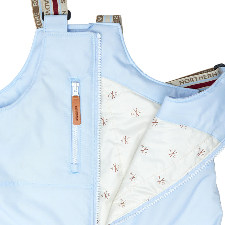 Kids light blue snow bib pants with adjustable straps, waterproof fabric, and reinforced knees for winter play and ski