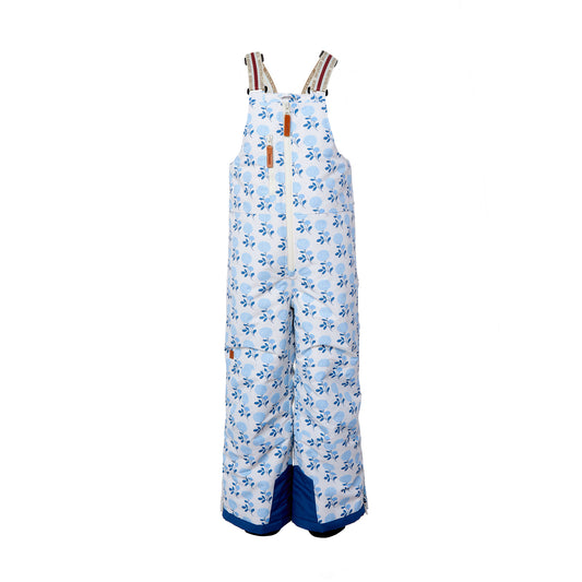 Kids blue floral snow bib pants with adjustable straps, waterproof fabric, and reinforced knees for winter play and ski for girls