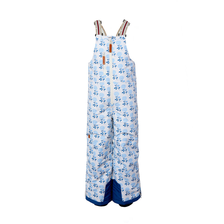 Kids blue floral snow bib pants with adjustable straps, waterproof fabric, and reinforced knees for winter play and ski for girls