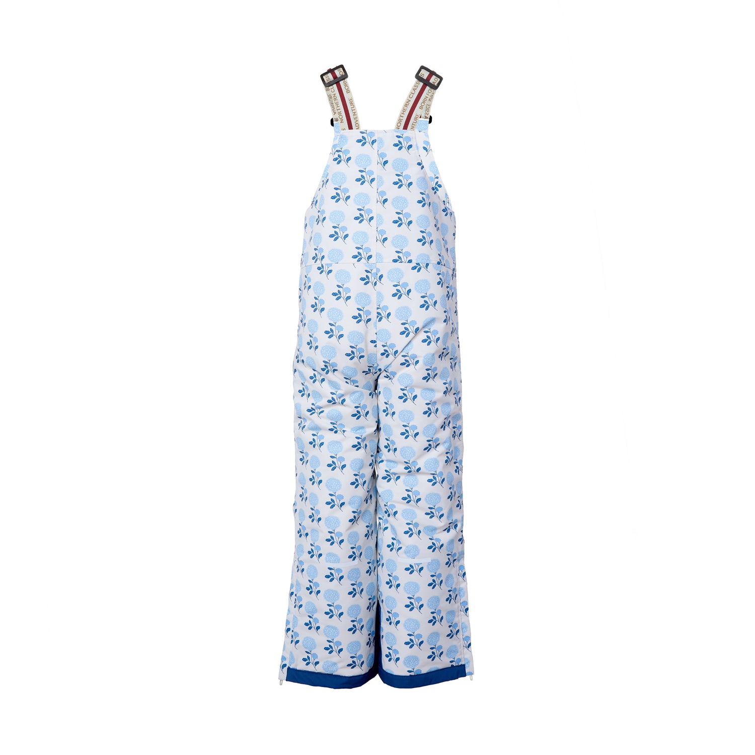 Kids blue floral snow bib pants with adjustable straps, waterproof fabric, and reinforced knees for winter play and ski for girls