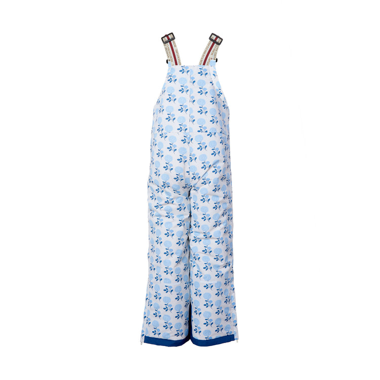 Kids blue floral snow bib pants with adjustable straps, waterproof fabric, and reinforced knees for winter play and ski for girls