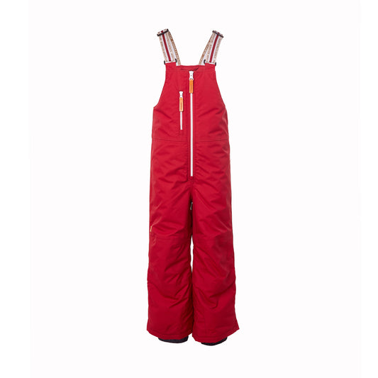 Kids red snow bib pants with adjustable straps, waterproof fabric, and reinforced knees for winter play and ski