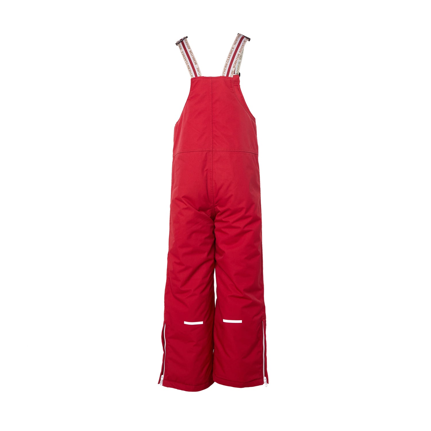 Kids red snow bib pants with adjustable straps, waterproof fabric, and reinforced knees for winter play and ski