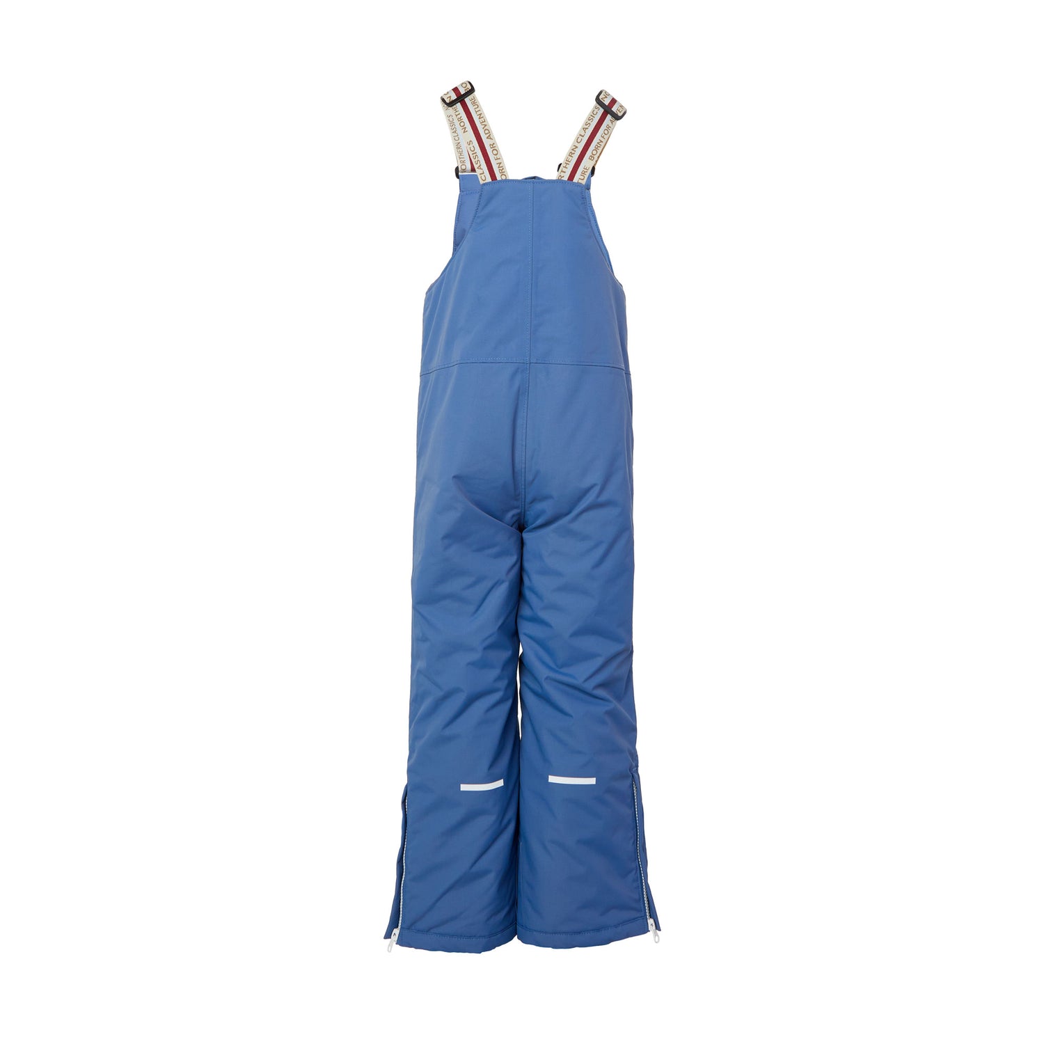 Kids blue snow bib pants with adjustable straps, waterproof fabric, and reinforced knees for winter play