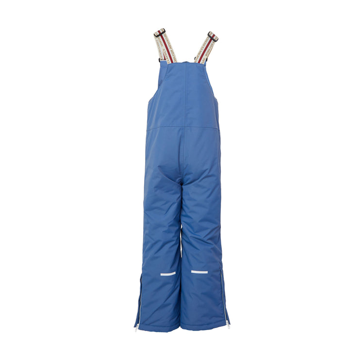 Kids blue snow bib pants with adjustable straps, waterproof fabric, and reinforced knees for winter play