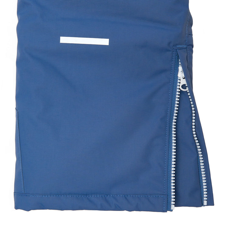Kids blue snow bib pants with adjustable straps, waterproof fabric, and reinforced knees for winter play