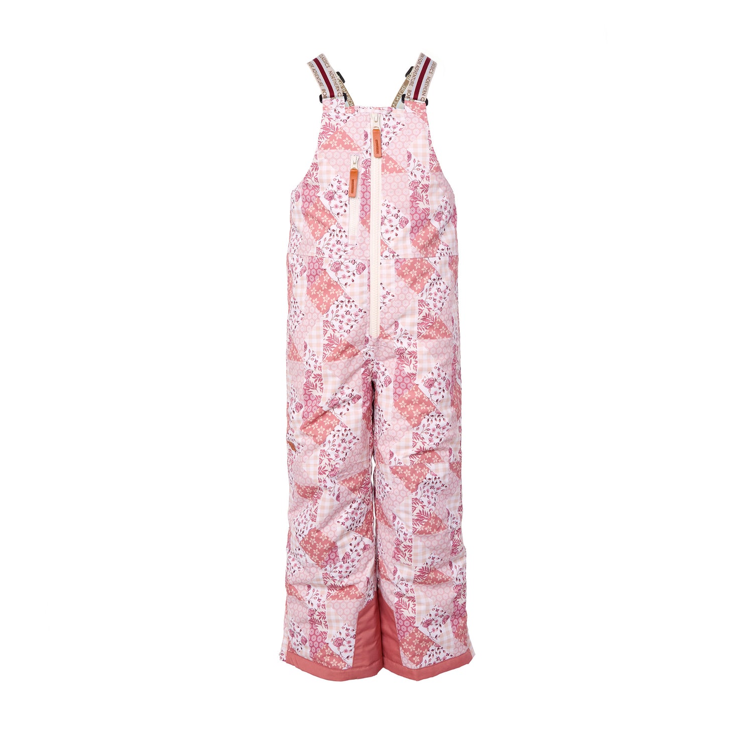 Kids light pink patchwork snow bib pants with adjustable straps, waterproof fabric, and reinforced knees for winter play and ski for girls