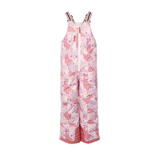 Kids light pink patchwork snow bib pants with adjustable straps, waterproof fabric, and reinforced knees for winter play and ski for girls