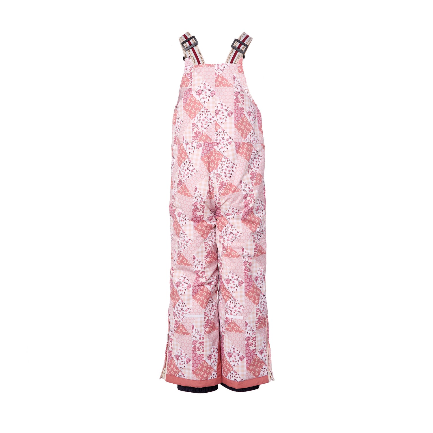 Kids light pink patchwork snow bib pants with adjustable straps, waterproof fabric, and reinforced knees for winter play and ski for girls