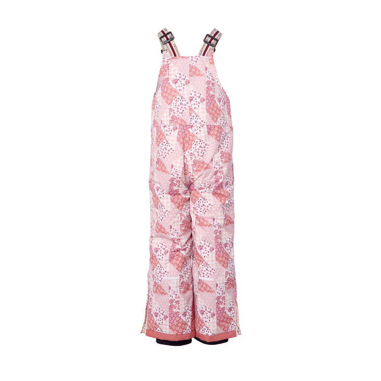 Kids light pink patchwork snow bib pants with adjustable straps, waterproof fabric, and reinforced knees for winter play and ski for girls