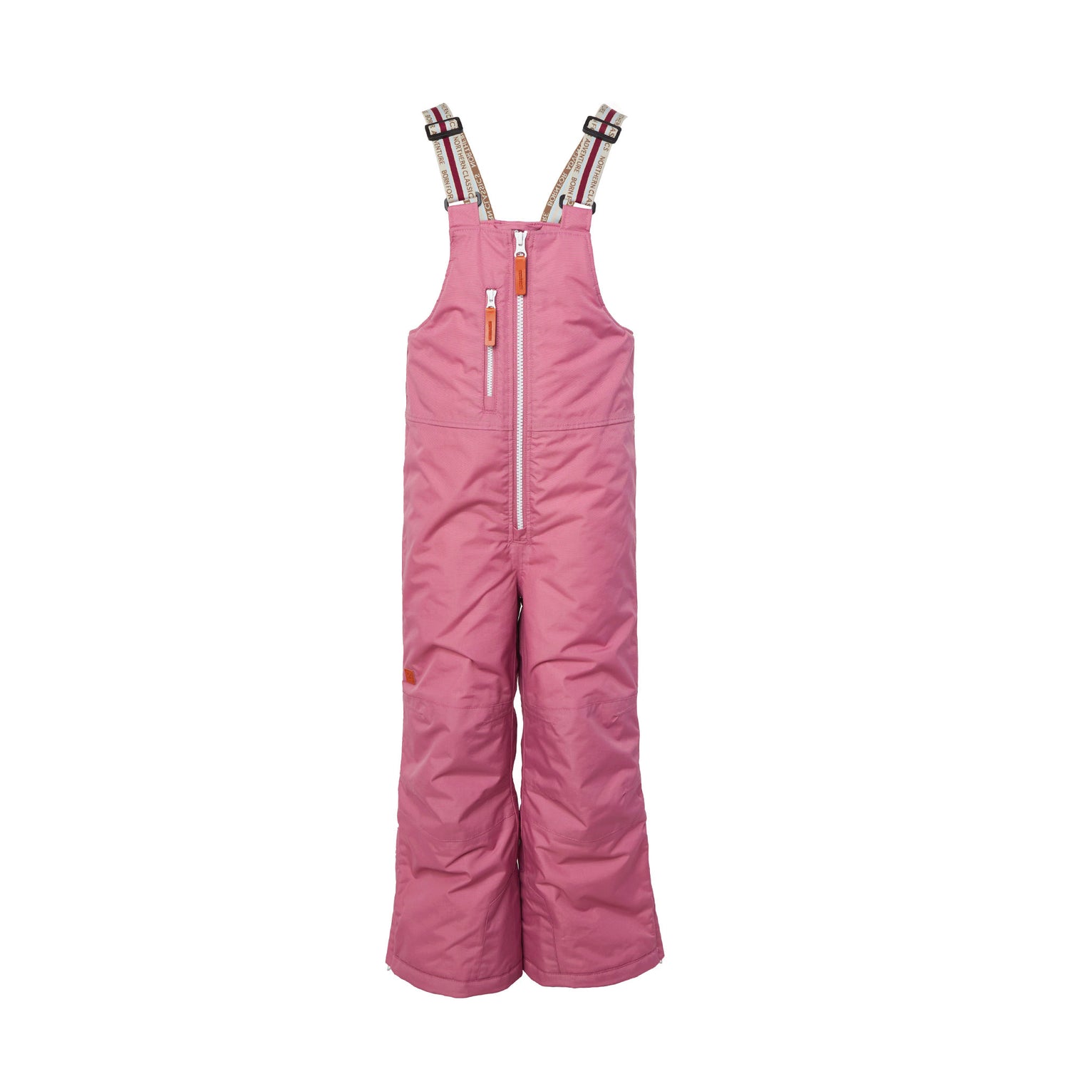 Kids pink snow bib pants with adjustable straps, waterproof fabric, and reinforced knees for winter play and ski for girls