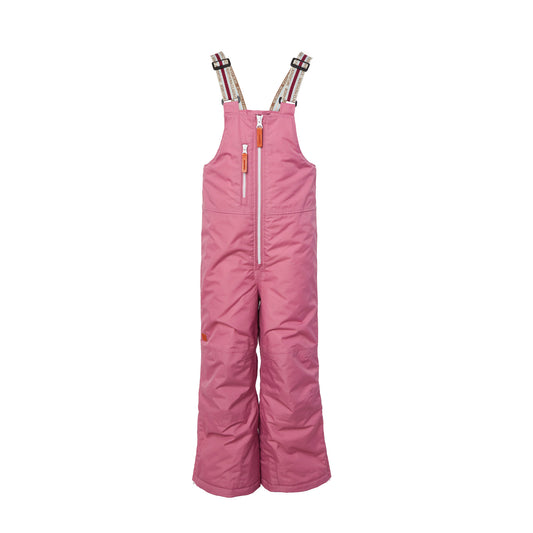 Kids pink snow bib pants with adjustable straps, waterproof fabric, and reinforced knees for winter play and ski for girls