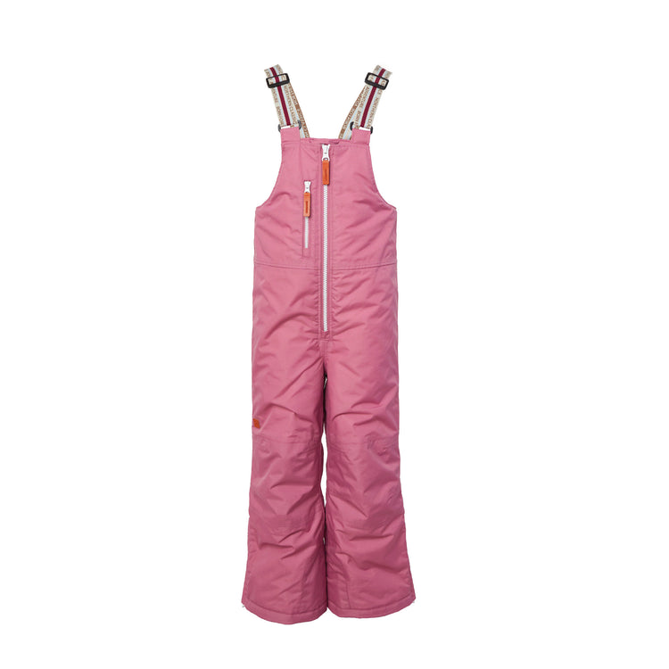 Kids pink snow bib pants with adjustable straps, waterproof fabric, and reinforced knees for winter play and ski for girls