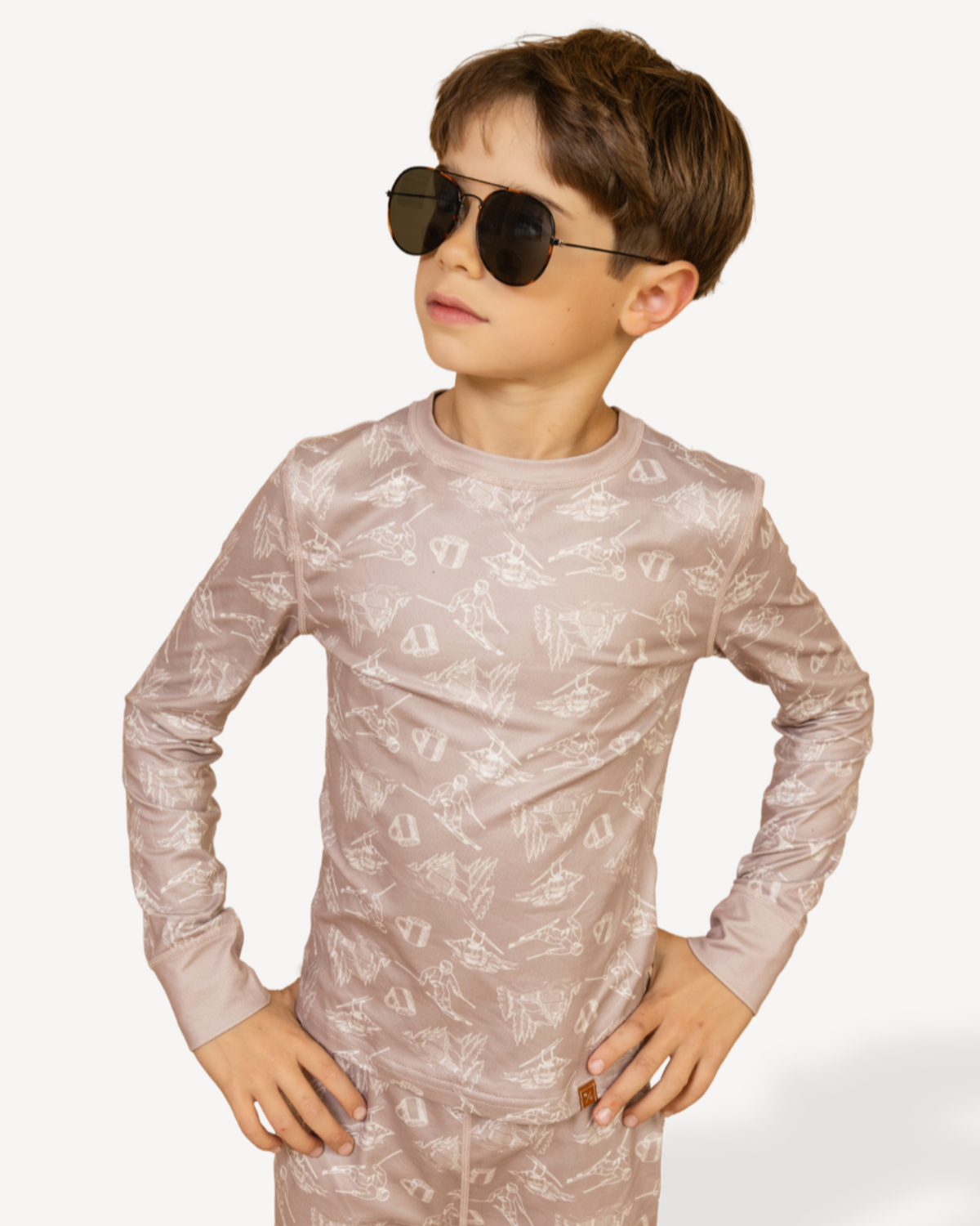 Kids Base Layer Set in Soft Brown Toile